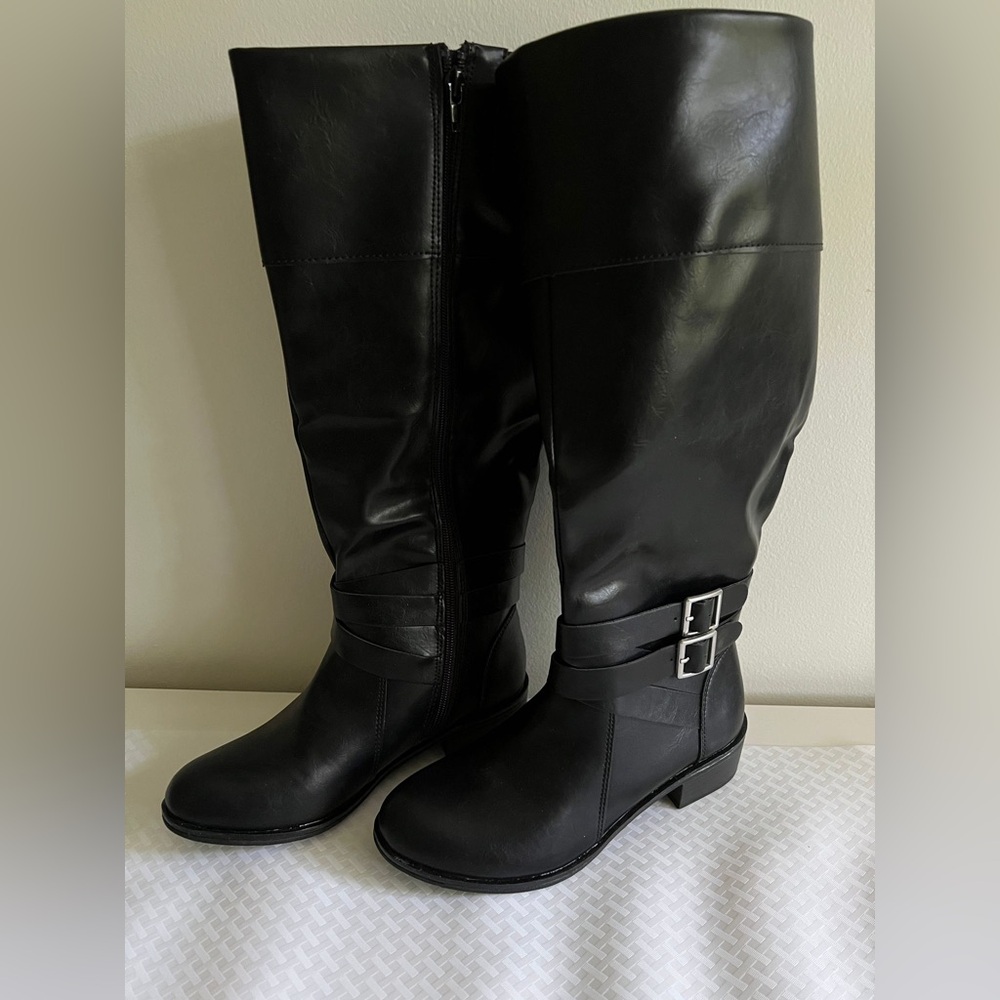 Black Leather Knee-High Boots Wide Calf